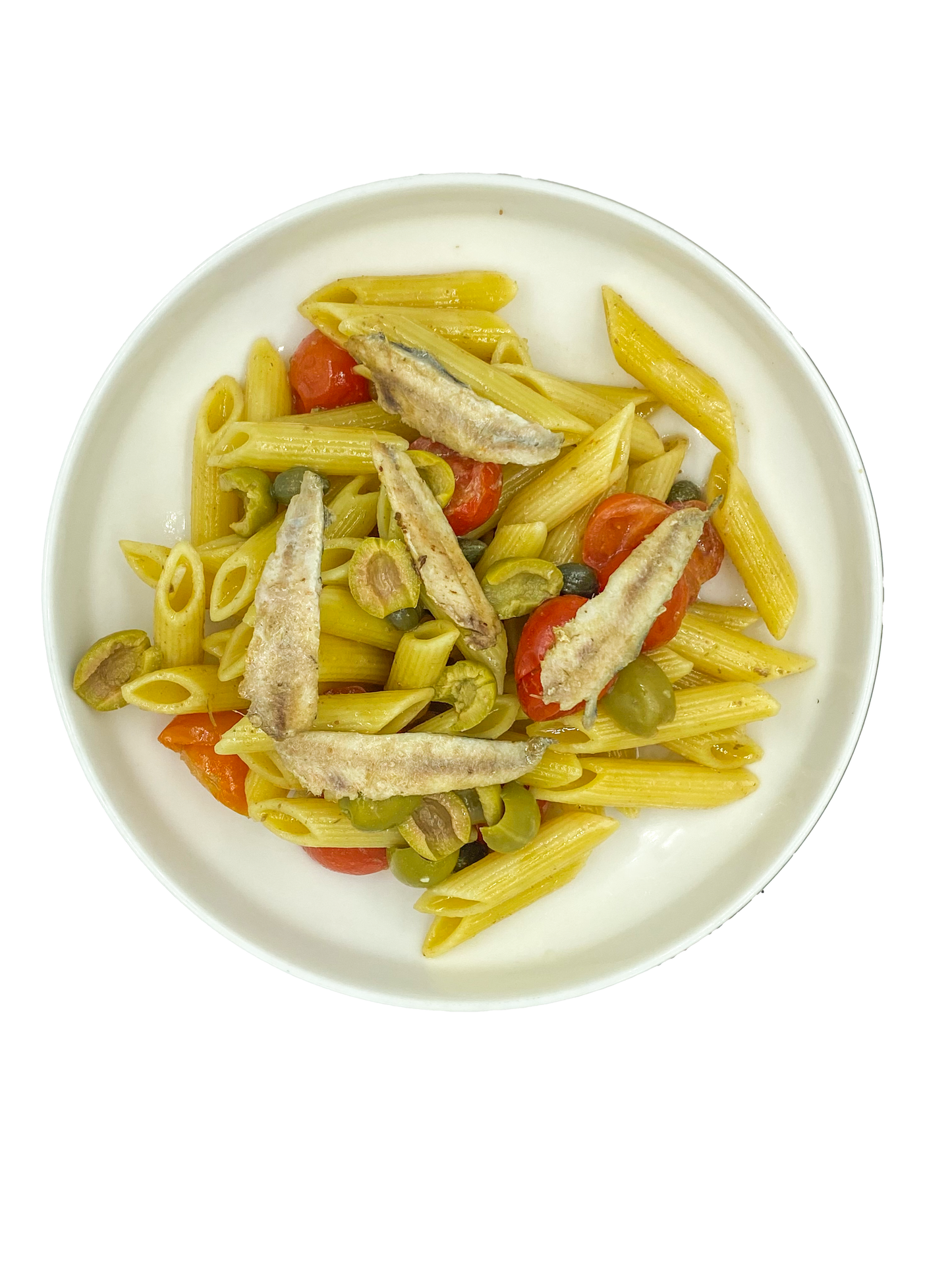 Pasta di Salina (acciughe, capperi, olive, pomodorini, basilico)