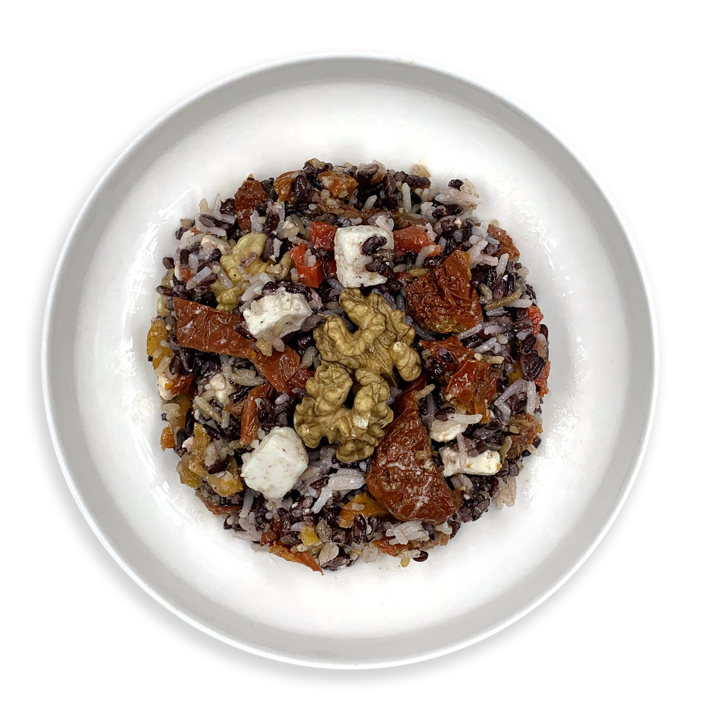 Riso black and white (basmati, venere, feta, noci, pomodori secchi e verdure)
