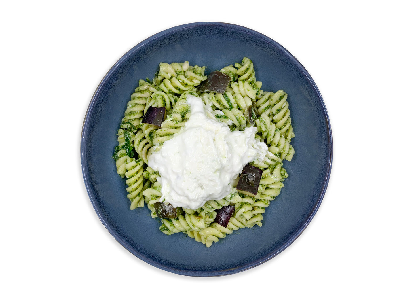 Fusilli con pesto di rucola, melanzane e stracciatella