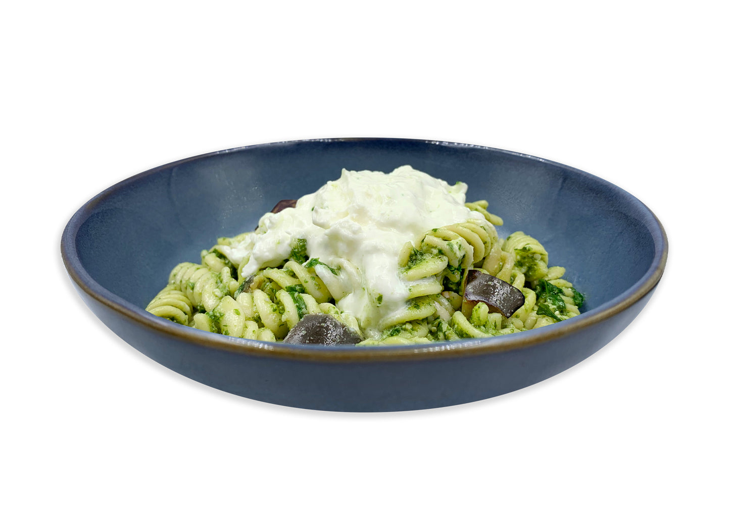 Fusilli con pesto di rucola, melanzane e stracciatella