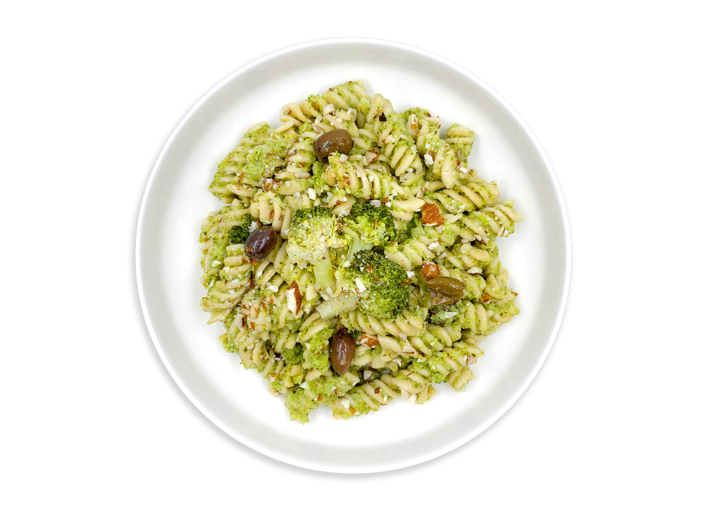 Pasta integrale con broccoli, olive e polvere di mandorle