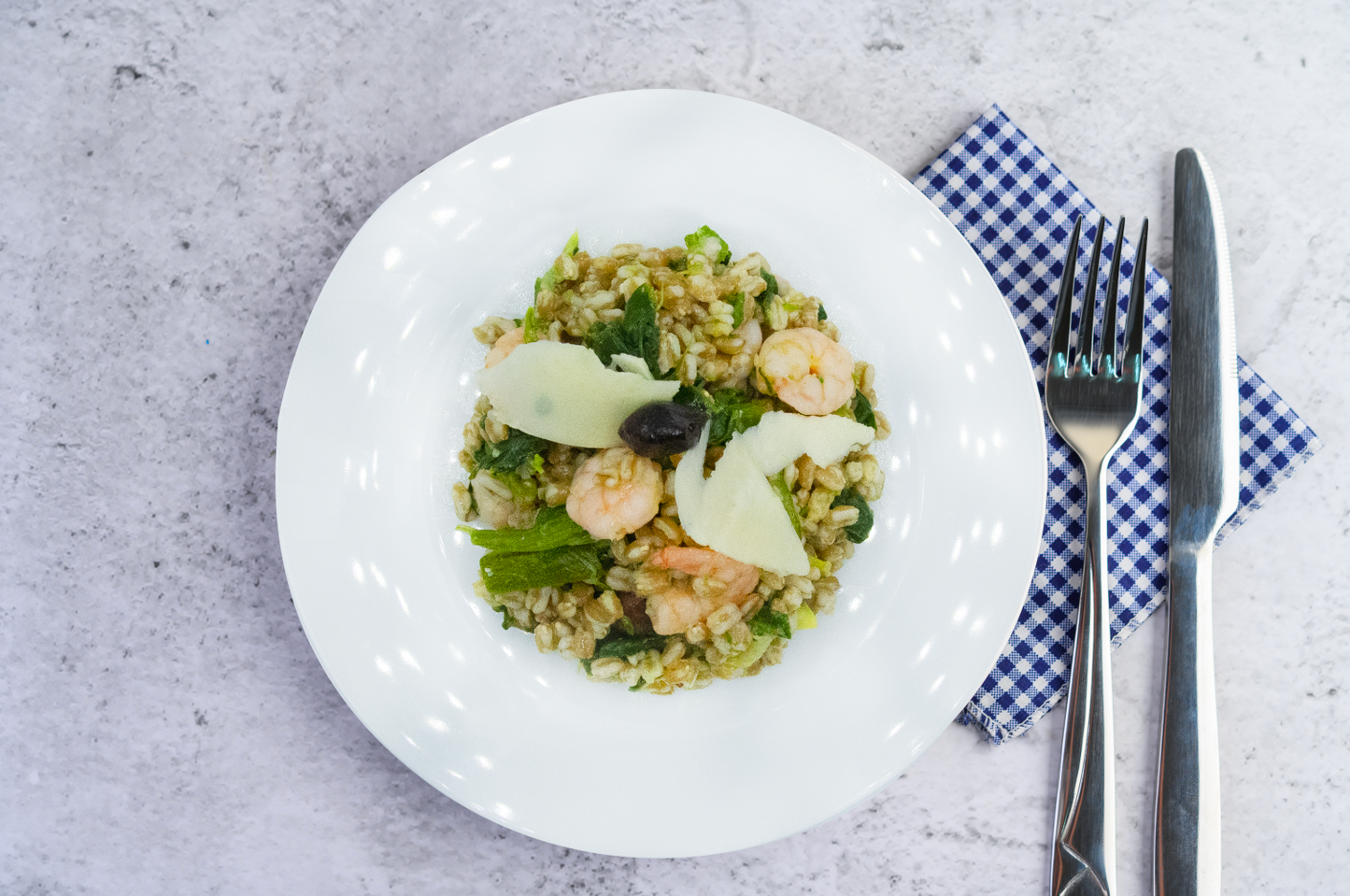 Farro Coachella (con gamberetti, spinaci, zucchine e Grana Padano)