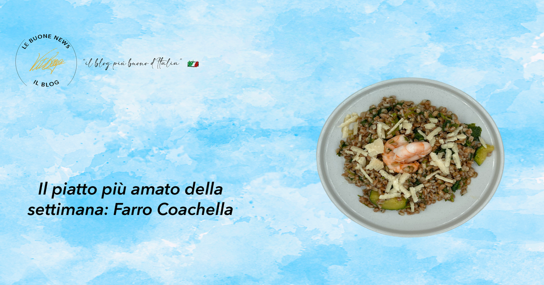 Farro Coachella, gamberetti, zucchine, spinaci, Grana Padano, piatto salutare, ricetta con farro, piatto equilibrato, cucina mediterranea.