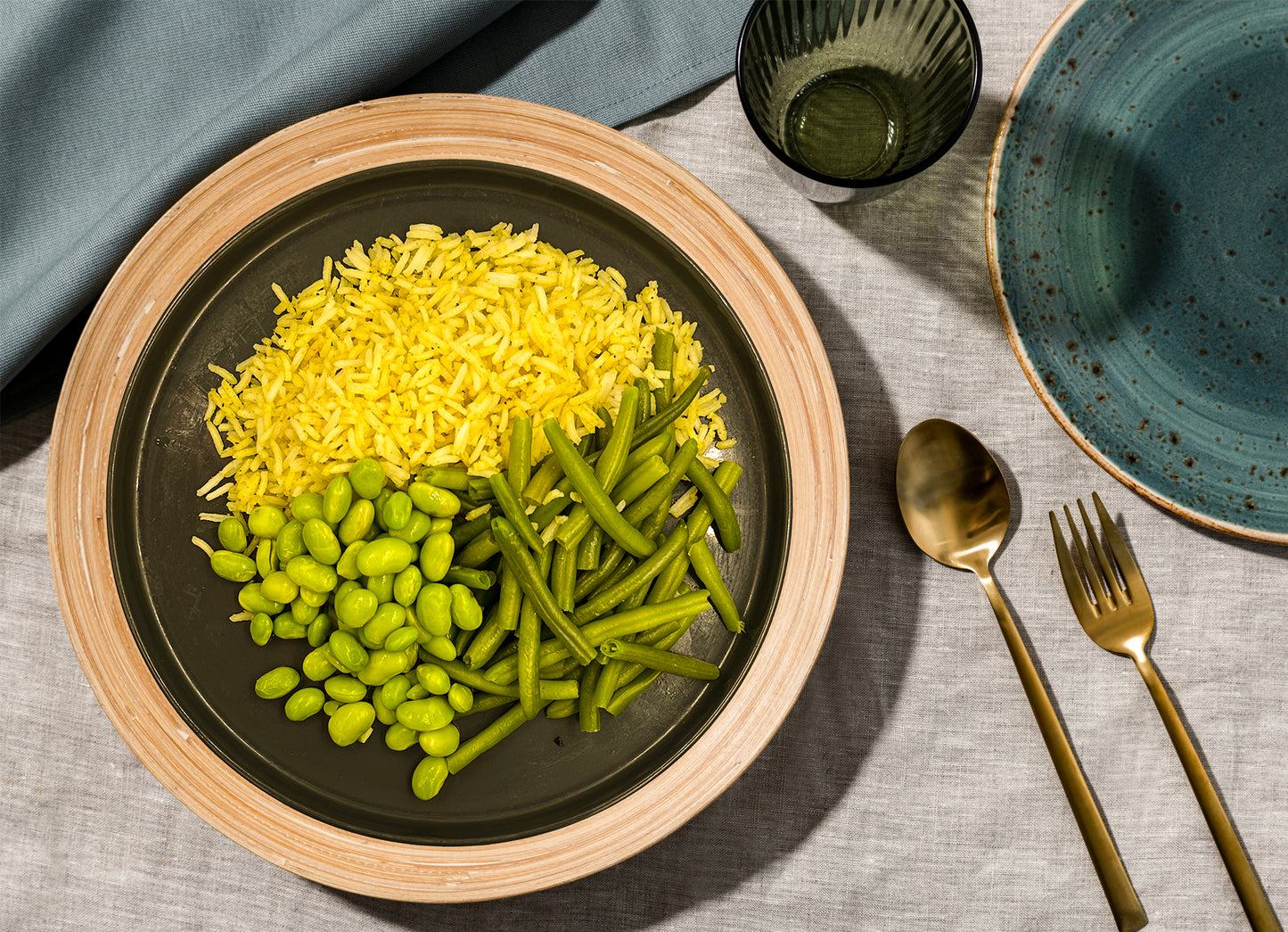 Basmati, fagiolini edamame e curry