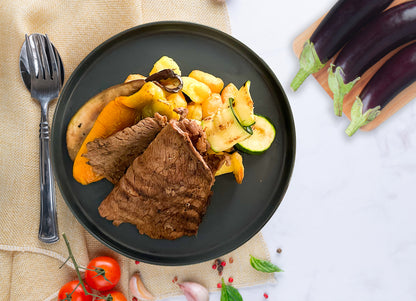 Manzo, patate arrosto e verdure griglia