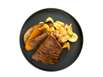 Manzo, patate arrosto e verdure griglia