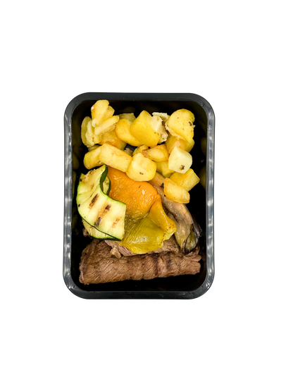 Manzo, patate arrosto e verdure griglia