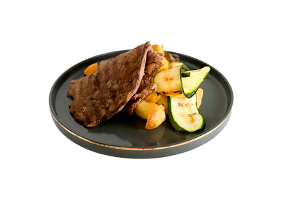 Manzo, patate arrosto e verdure griglia