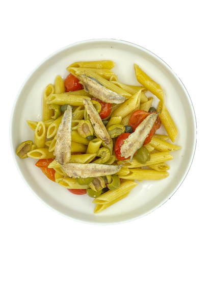 Pasta di Salina (acciughe, capperi, olive, pomodorini, basilico)