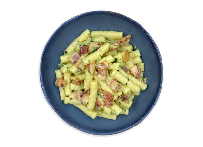 Sedani con crema di zucchine e pancetta croccante